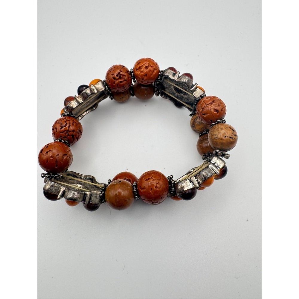 Vintage Boho Bracelet Carved Earth Tone Bead Double Strand Flower Stretch - Picture 8 of 9